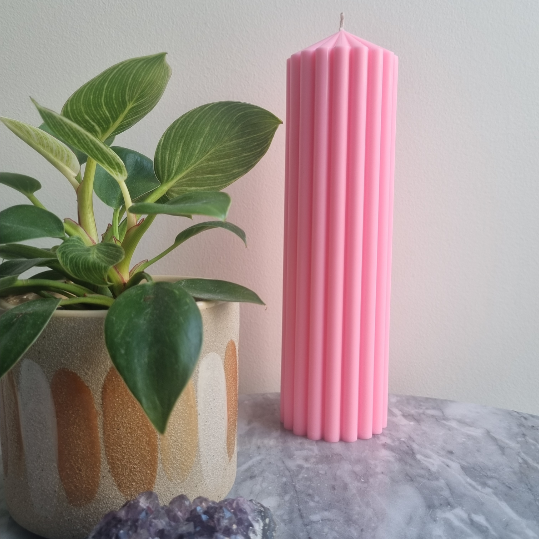 Pink Ribbed Pillar Decor Candle